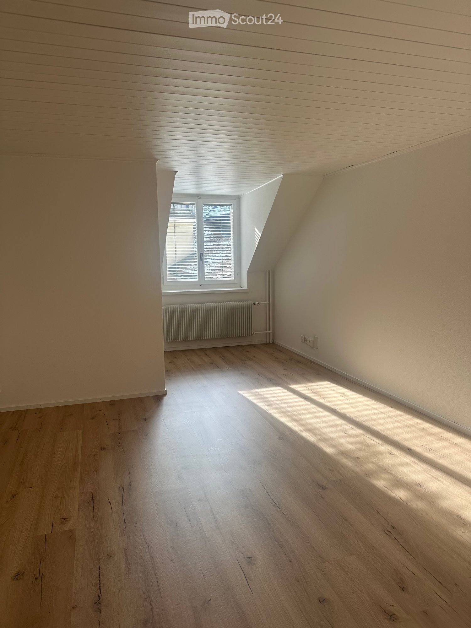 empty room, wooden floor, white walls, window, radiator