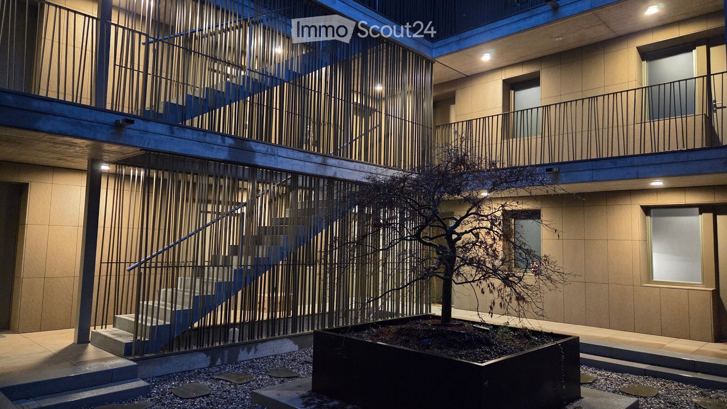 modern building, multiple floors, railings, staircase, tree in center
