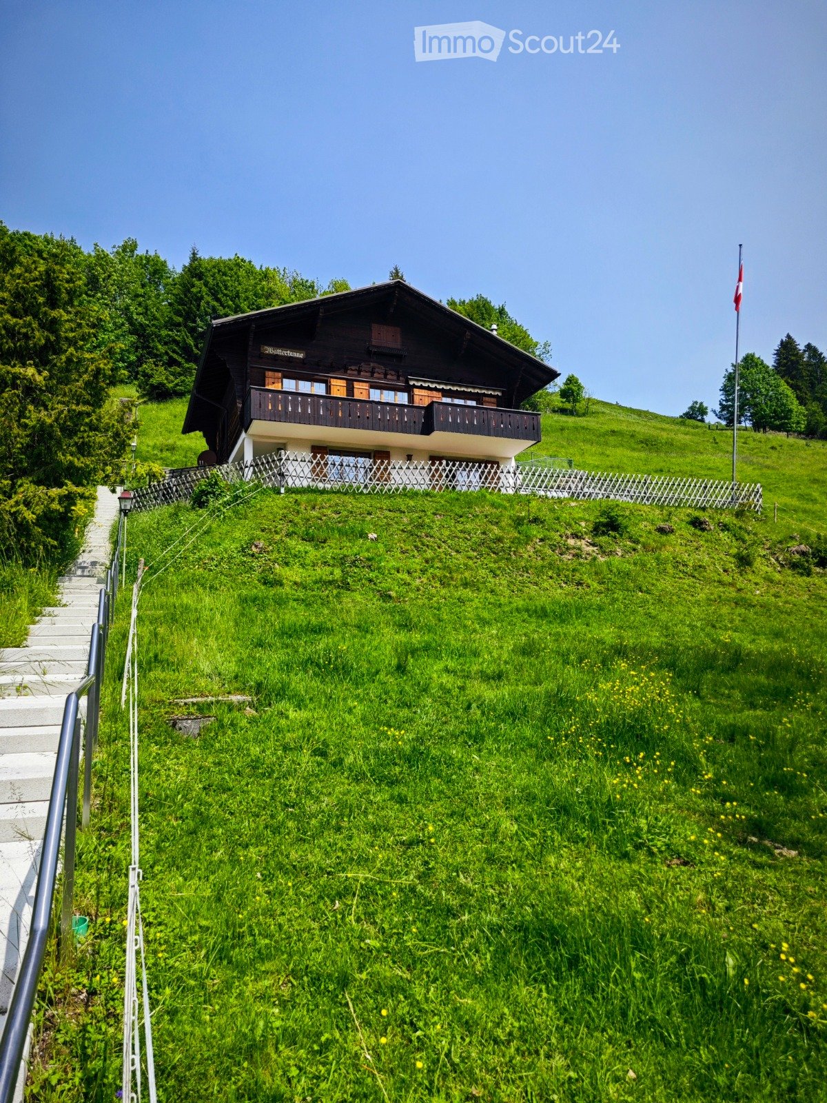 2-story wooden chalet-style house with a balcony, surrounded by a lush green meadow and trees