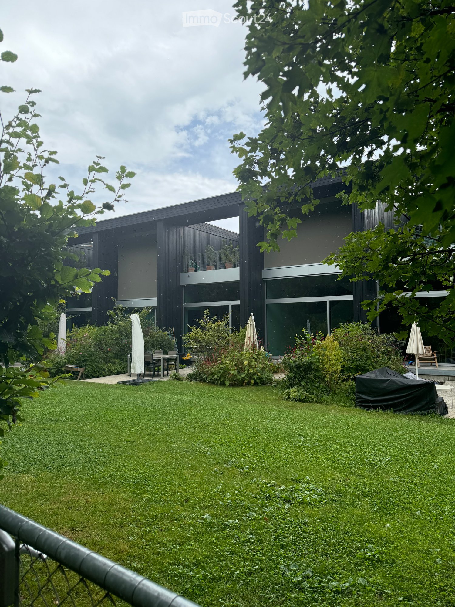 modern house, black exterior, large glass windows, patio, large lawn, trees, outdoor umbrellas, wooden deck, fenced garden