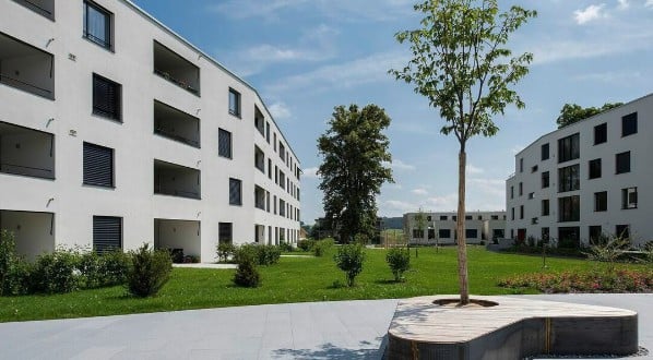 White building with many windows, trees, bushes, and plants