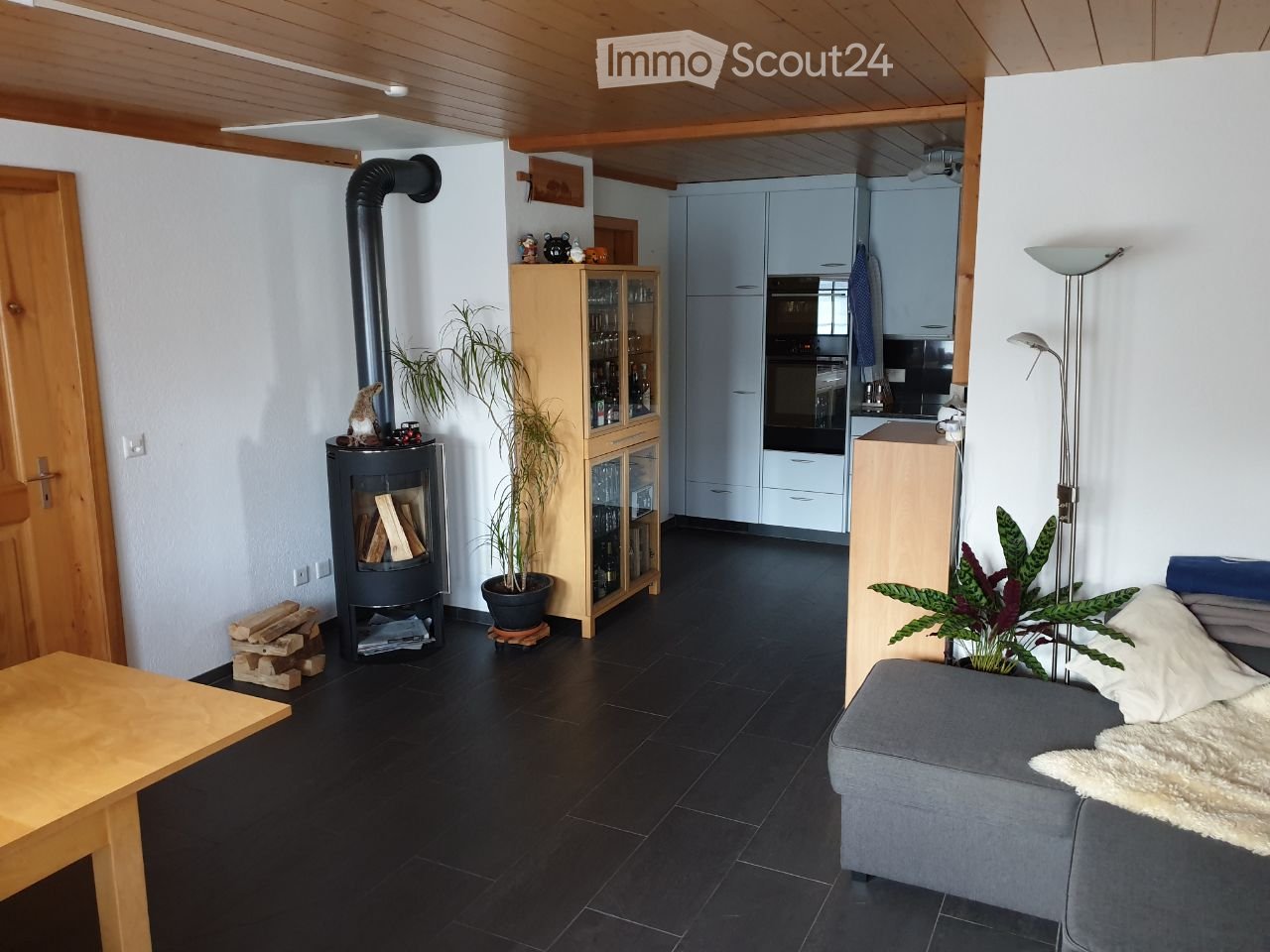living room with fireplace, modern kitchen, grey couch, black floor, wooden table, potted plants