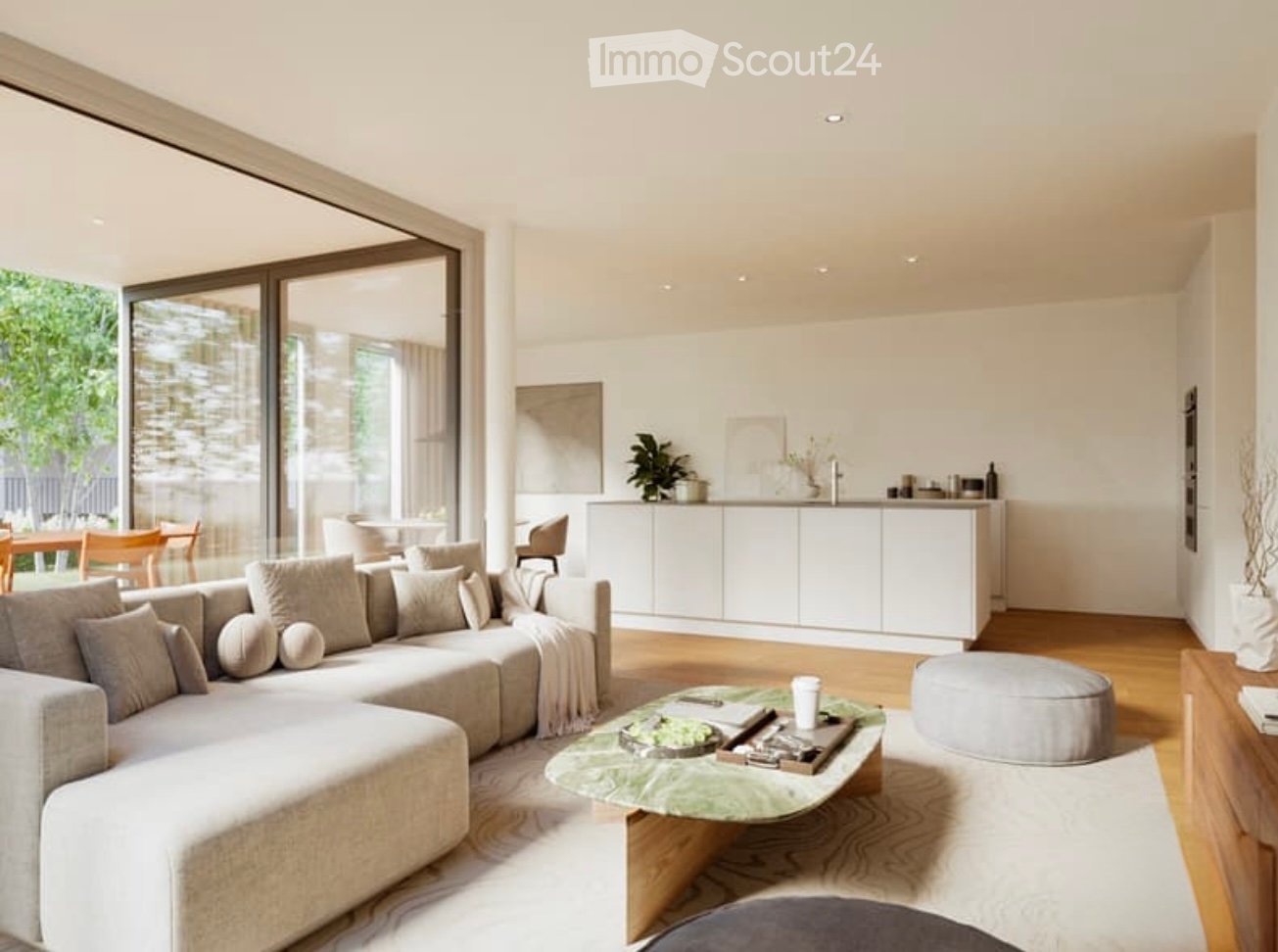 open plan living room, large windows, glass sliding doors leading to a balcony, modern furniture, white walls, wooden floor