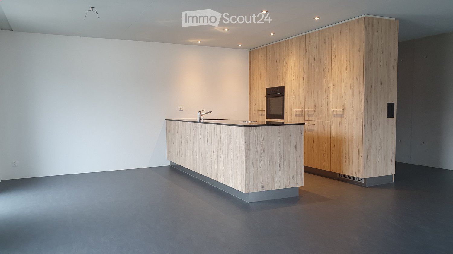 modern kitchen design, wooden cabinets, black countertop, built-in oven, and sink