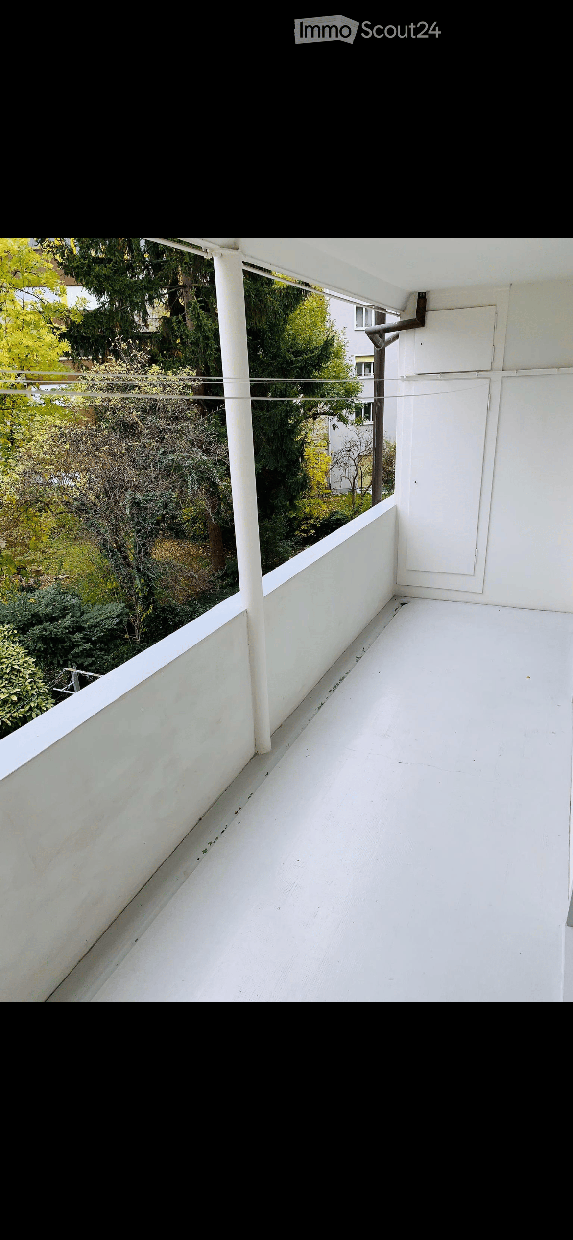 Terrace with white walls and flooring, surrounded by greenery, utility pole with wires