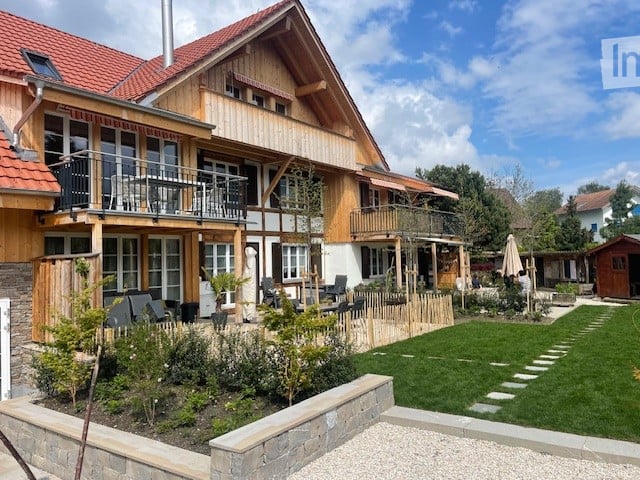 Detached wooden house, 2 story, red roof, several terraces, large garden