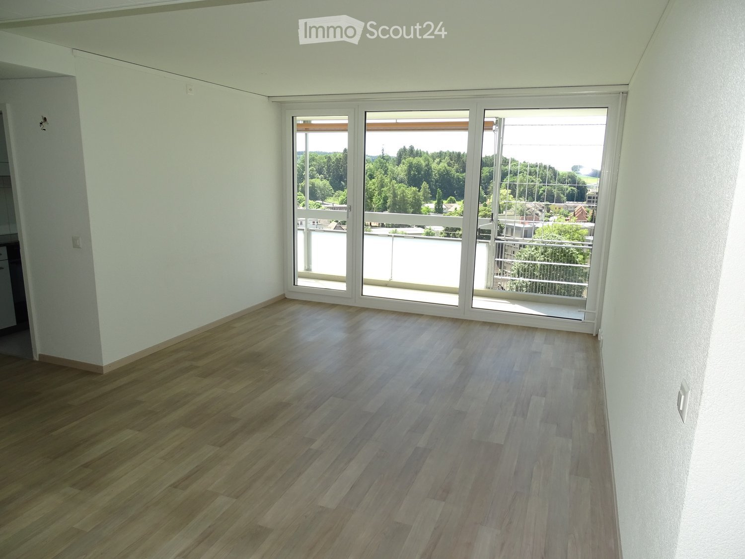 empty room, wooden floor, white walls, sliding glass door, balcony