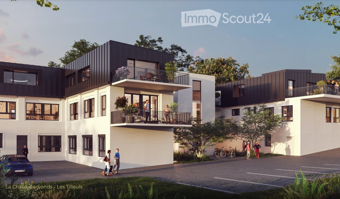 Modern apartment buildings, white exterior with black accents, balconies, people walking around, bicycles, car parked