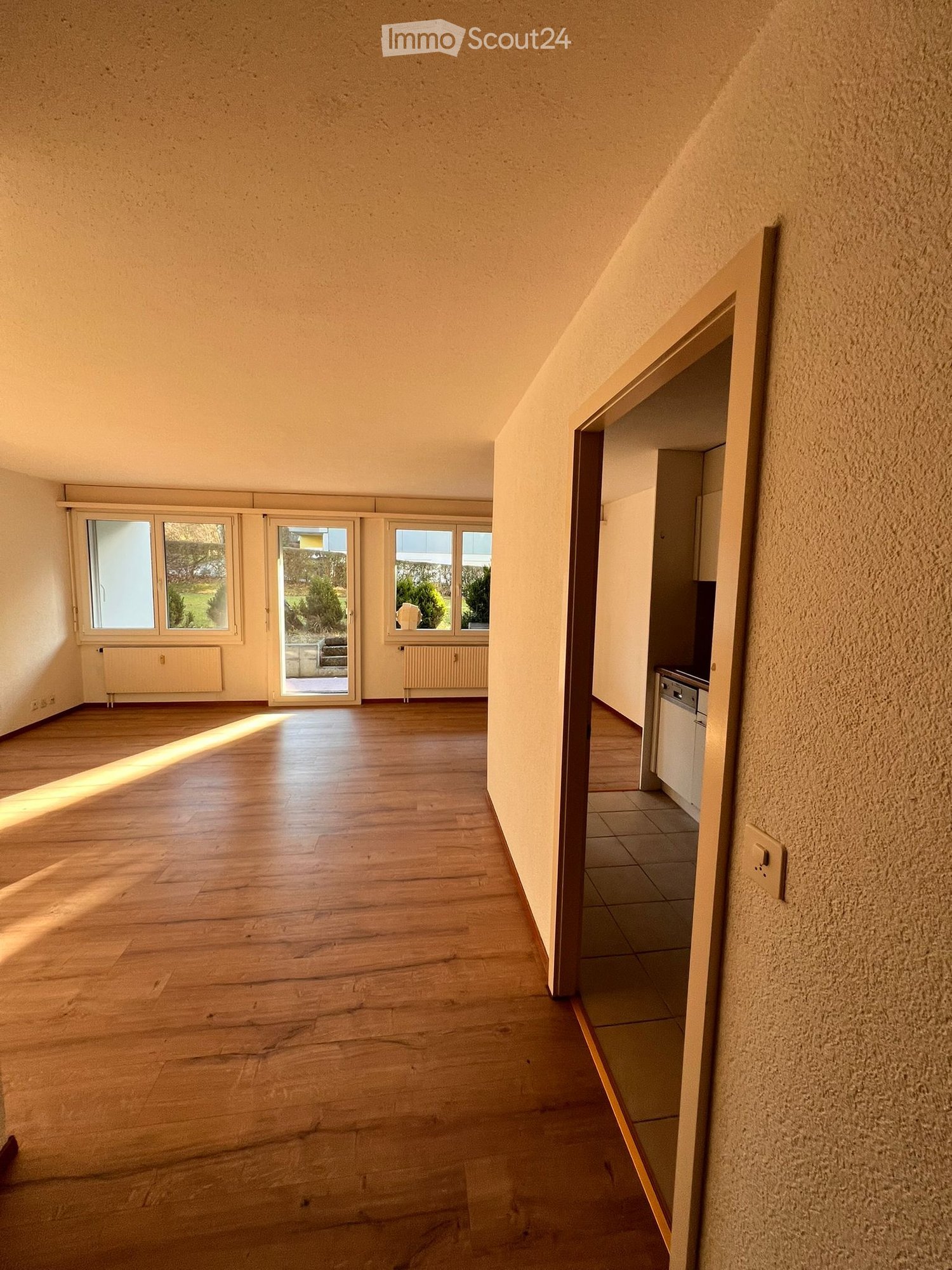 Empty living room, wooden floor, bright windows, open balcony, beige walls