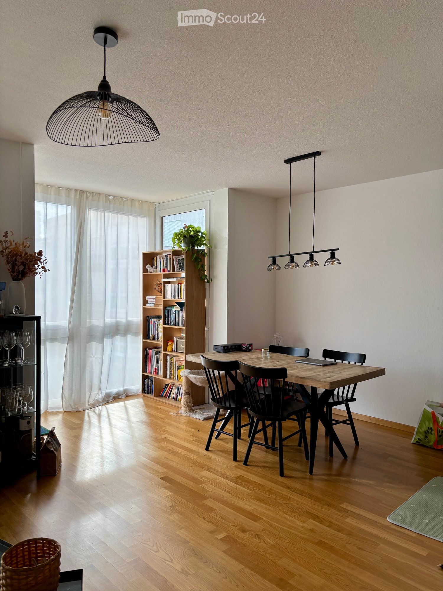 Open space dining area, wooden table, black chairs, shelf with books, hanging lamps, rug, plant, window with curtains