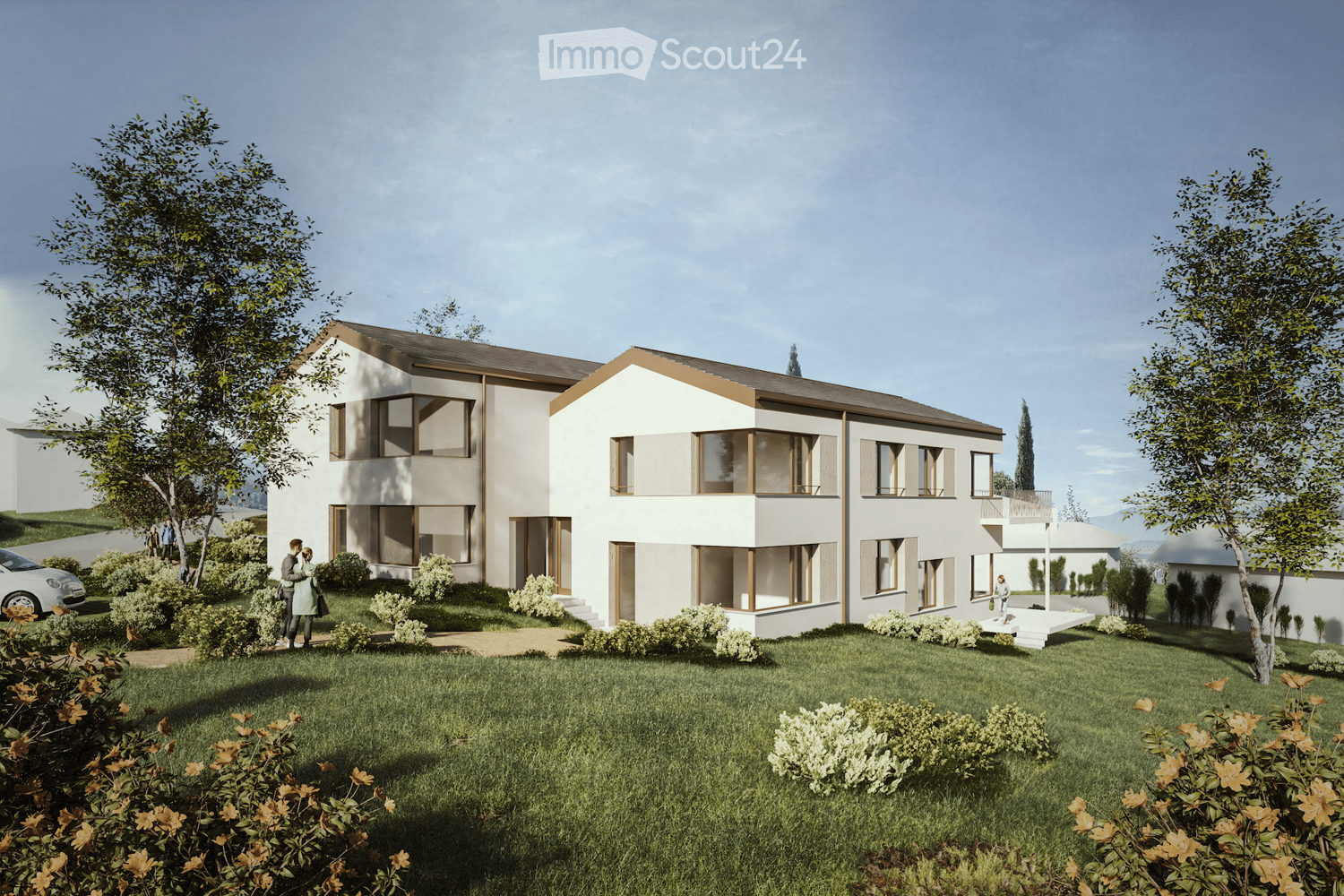 two story house, brown trim, multiple windows, landscaped yard