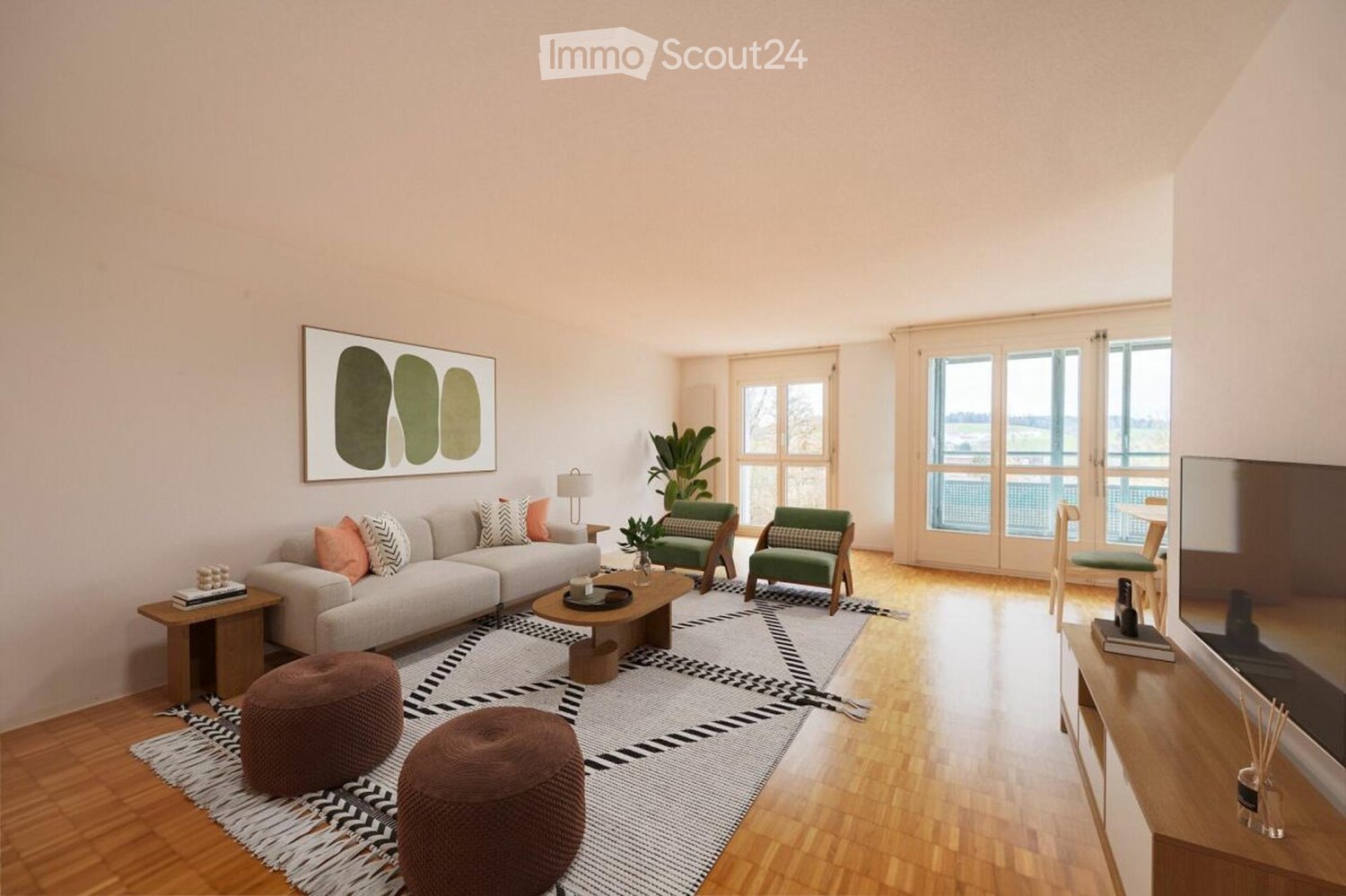 gray sofa, coffee table, ottomans, area rug, wall art, large windows, balcony, flat screen TV, chairs, side table