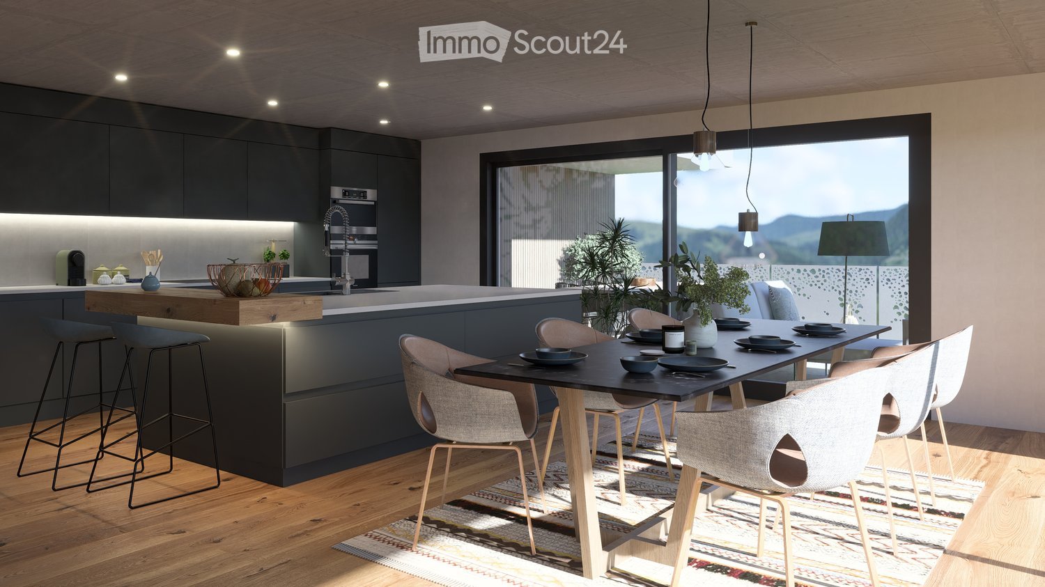 Modern kitchen, wooden floor, black island, dining table, chairs, window, potted plants, faucet