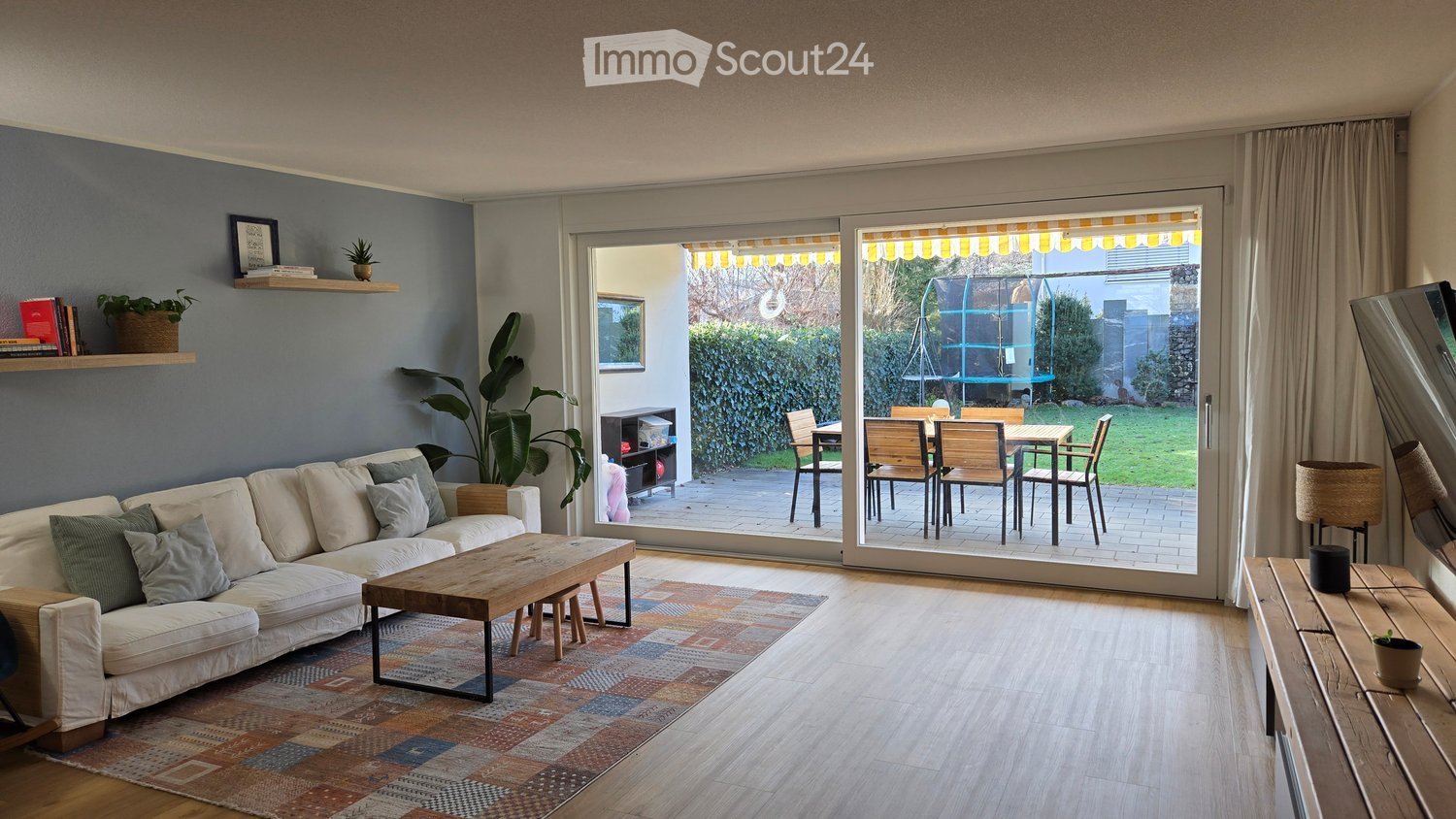 sofa, coffee table, rug, bookshelf, plants, TV, large windows, terrace, outdoor dining set