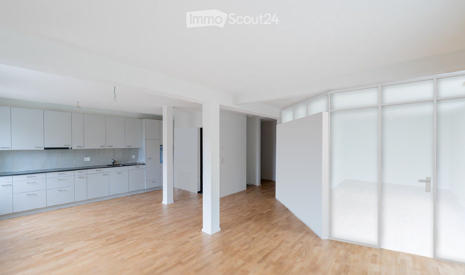 Empty kitchen, white cabinets, wooden floor, white walls, large windows, modern design