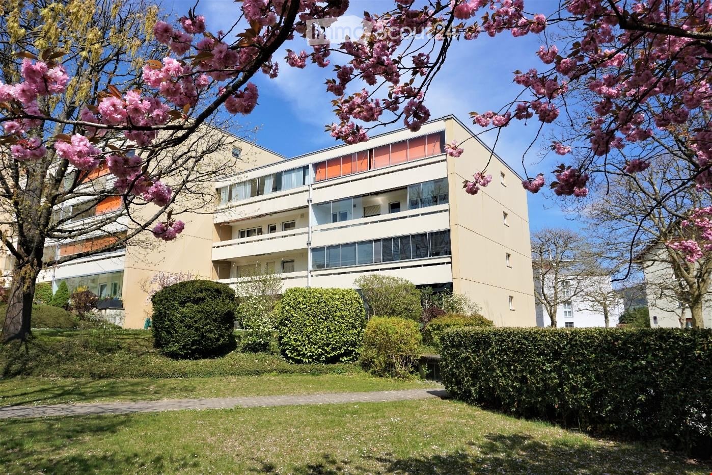 Multi-storey apartment building, beige exterior, multiple balconies, well-kept greenery and shrubs, cherry blossoms