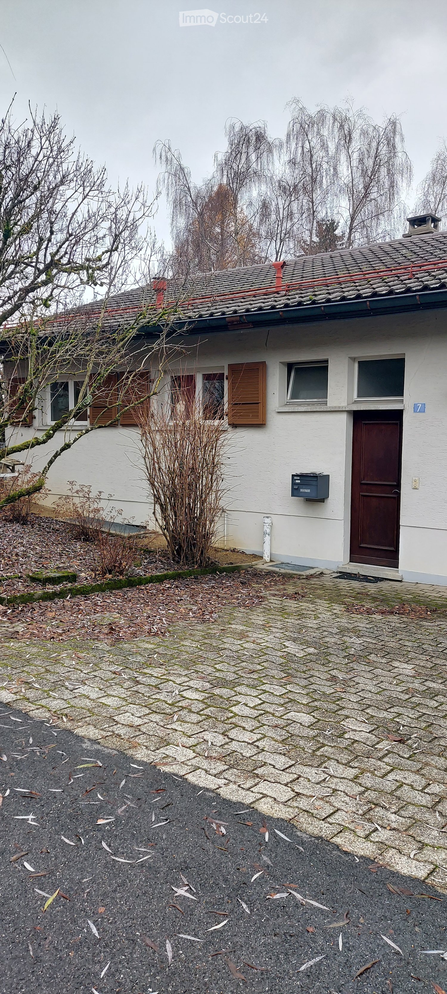 1-story house, white exterior, brown wooden door, brown shutters, cobblestone driveway, chimney on the roof