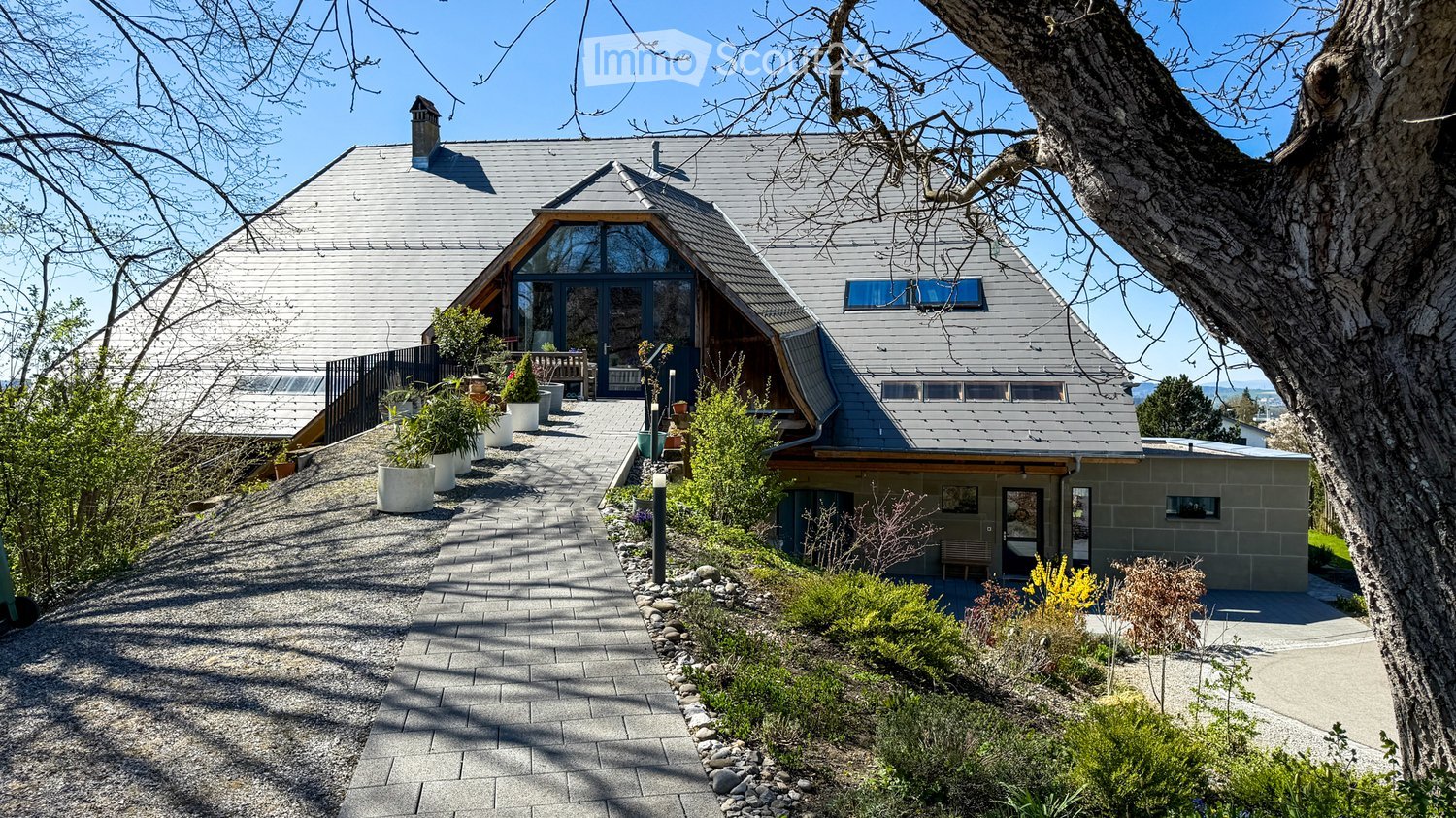 Contemporary house, raised ground floor, gray shingled roof, glass doors, plants in front, driveway
