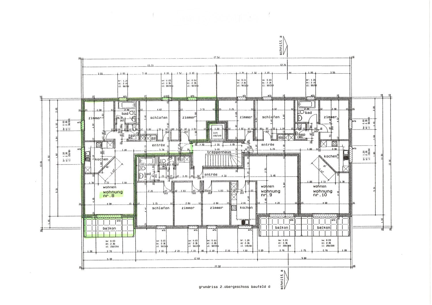 Ground floor plan with multiple bedrooms, living room, kitchen, bathrooms, and balconies