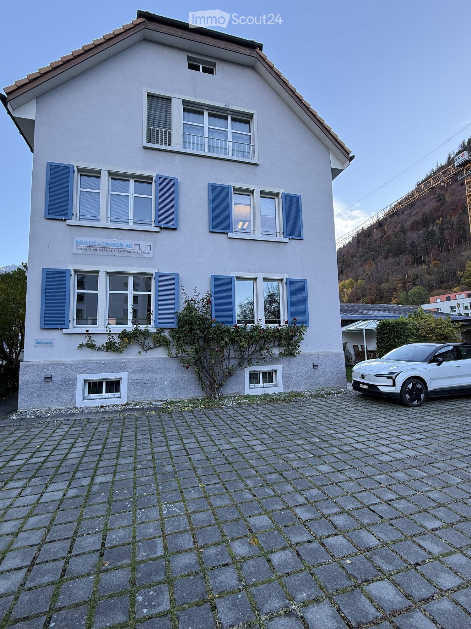 2 story house, white walls, blue shutters, brick driveway, garden with vines, car parked in driveway