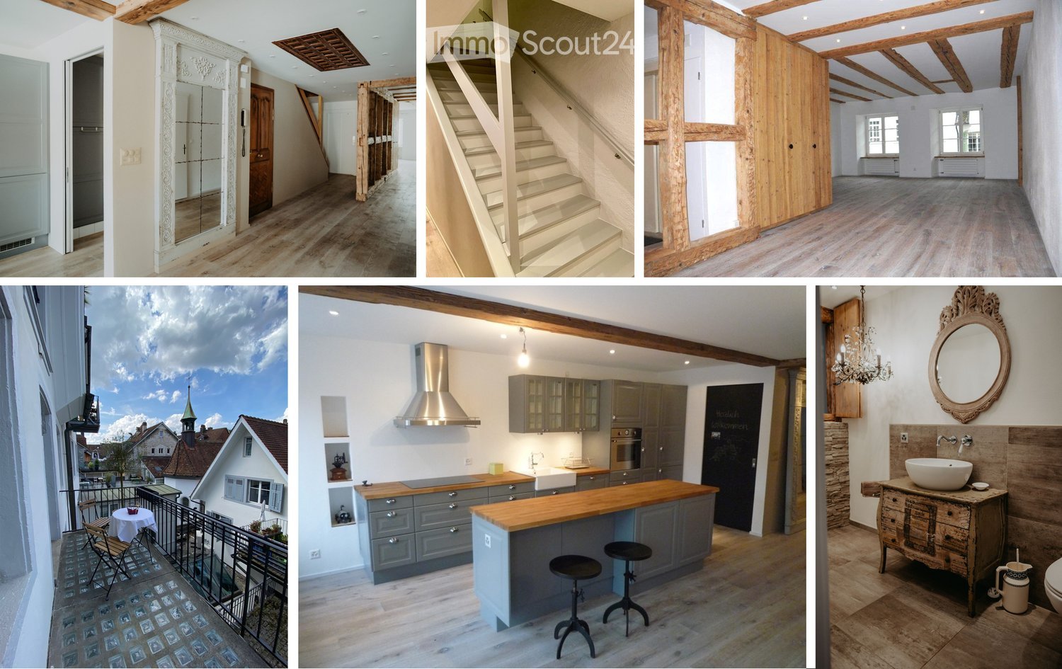 The collage shows six images of the house's interior: a hallway with a wooden door, a staircase with a railing, an empty room with wooden beams, a kitchen with gray cabinets and a wooden countertop, a bathroom with a wooden vanity and a round mirror, and