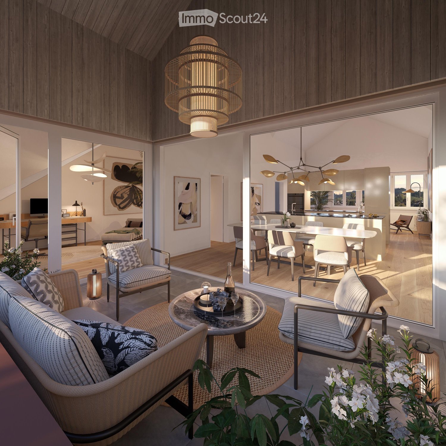 modern room, wooden ceiling, large glass walls, round coffee table, large lamp, living room, open kitchen, dining table, sofas, round rug, plants