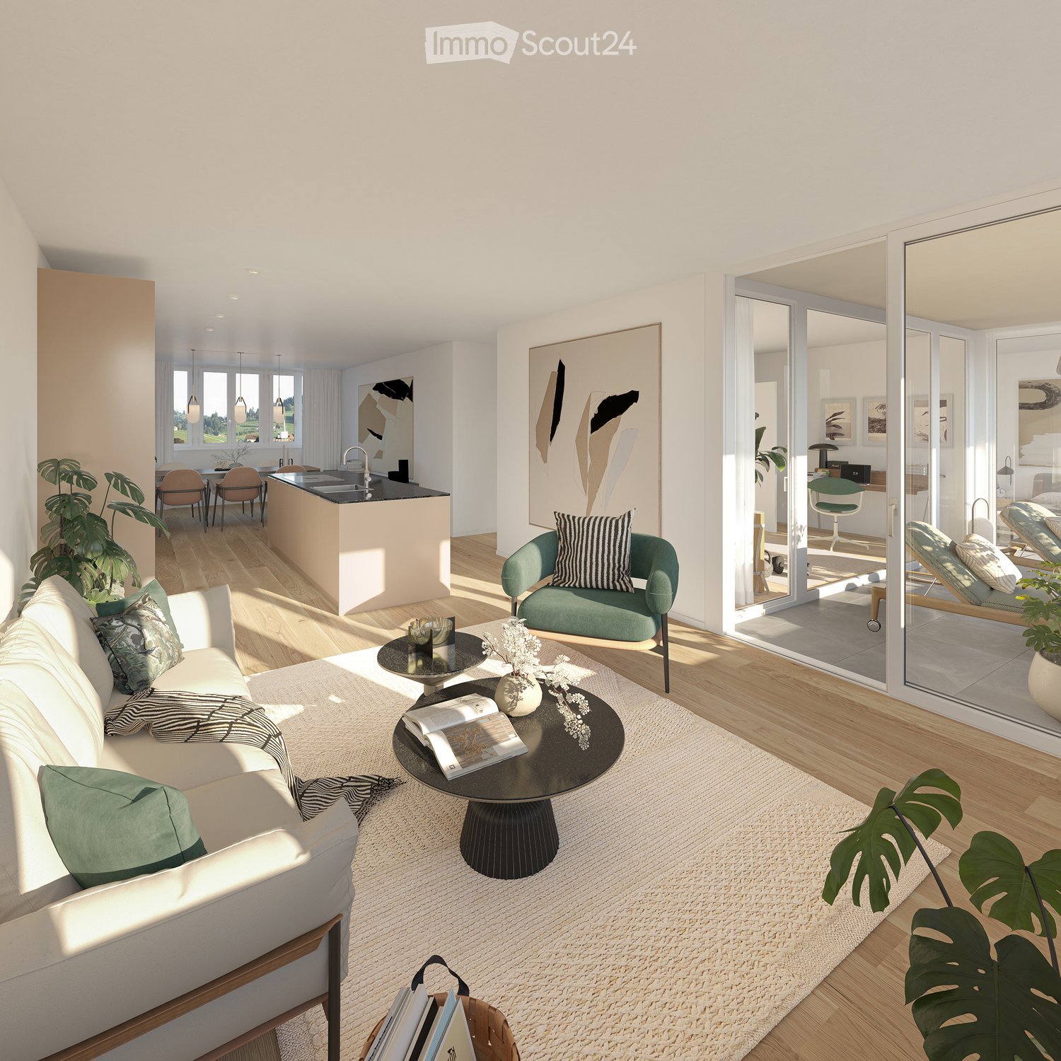modern open concept living room with kitchen, balcony, sofa, chair, coffee table, rug, plants