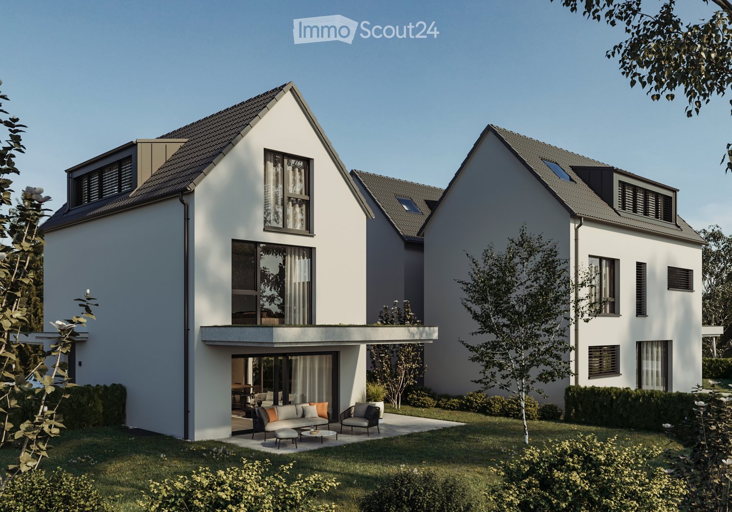 modern 2 story house, white walls, glass doors, raised ground floor terrace, balcony