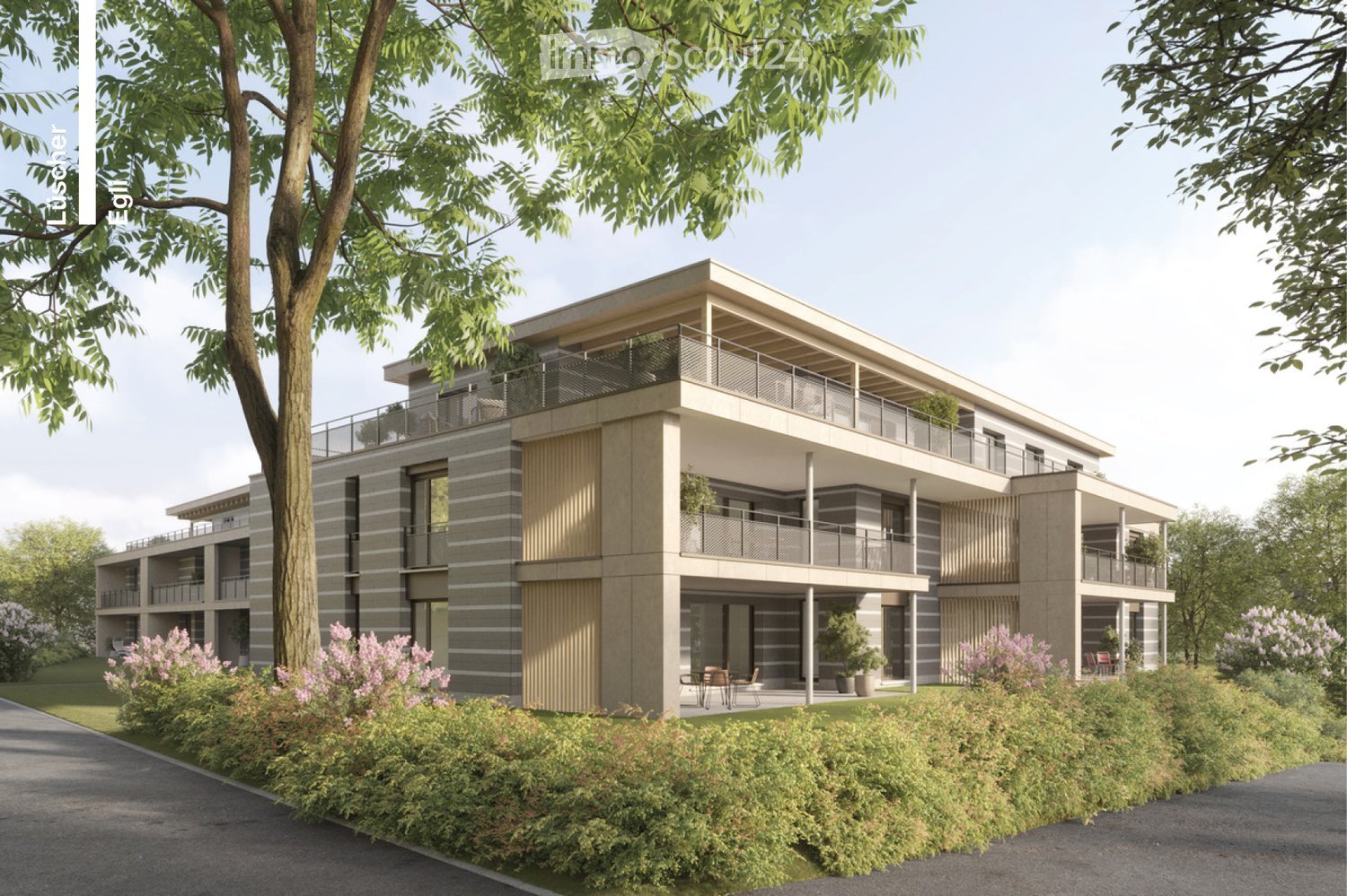 Modern apartment building with balconies, large windows, and a landscaped garden