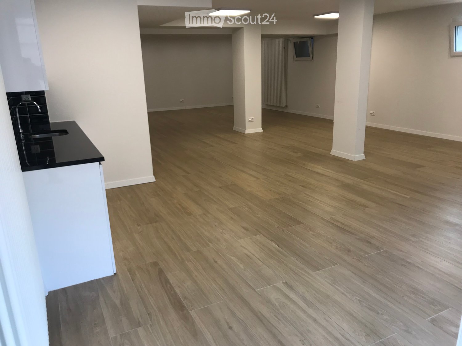 empty room with wooden floor, white walls, modern lighting, kitchen corner, radiator
