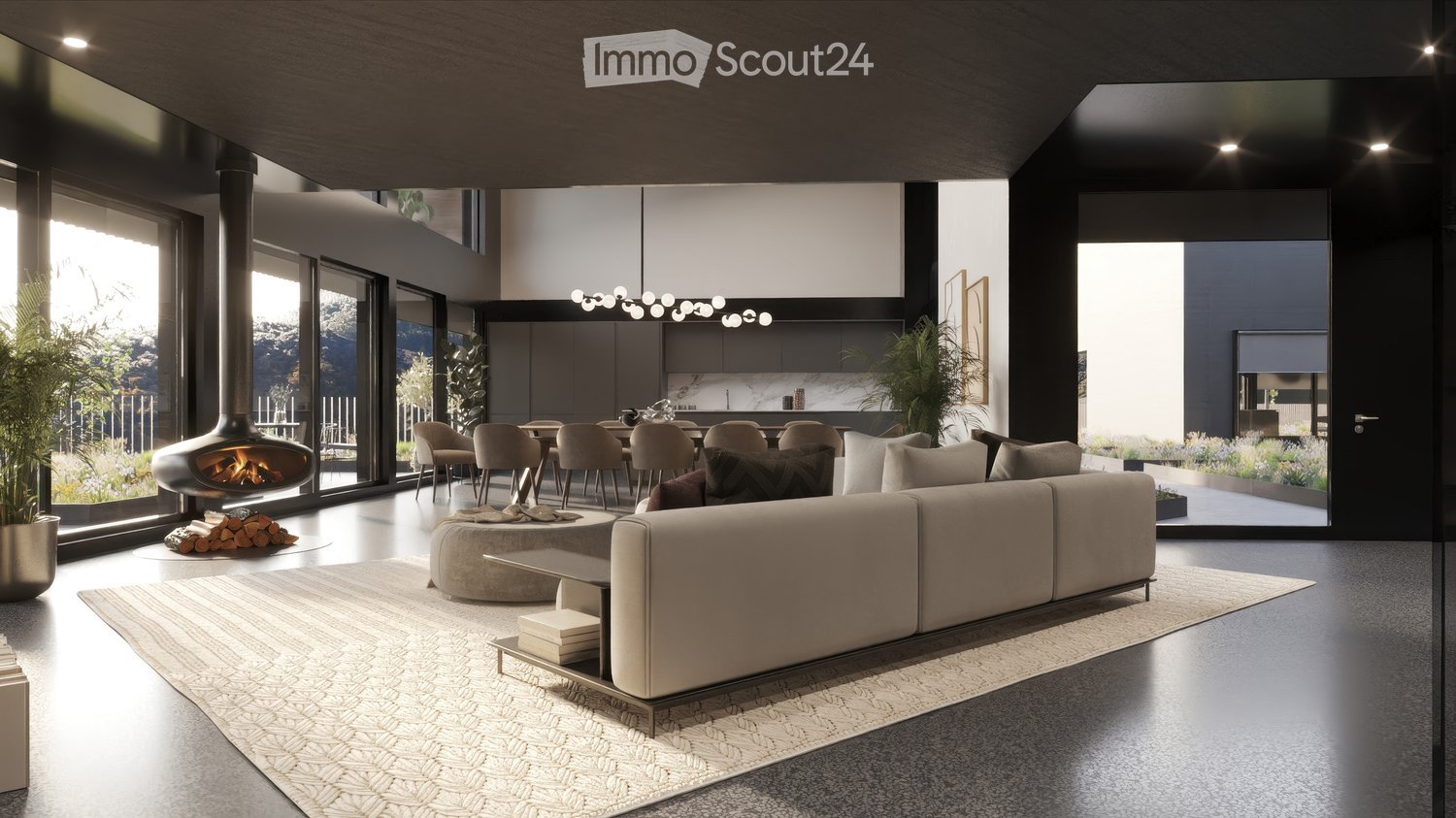 Fireplace, modern living room, dining room, sliding glass doors