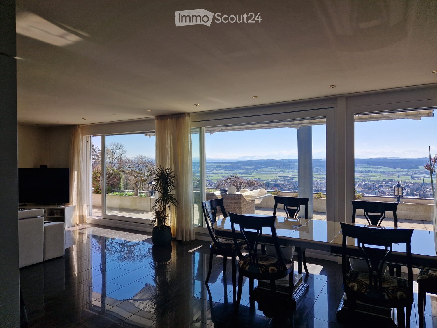 large windows, balcony, dining table, chairs, TV, sofa, potted plant