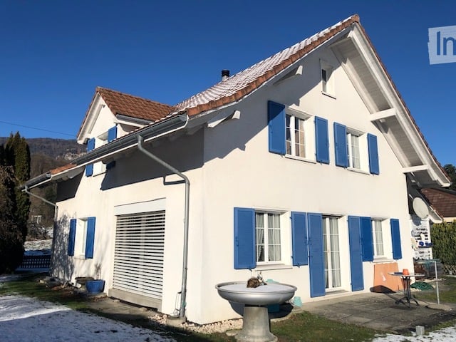 2 story house, white wall, brown roof, blue shutters, garage, bird bath, garden, snow