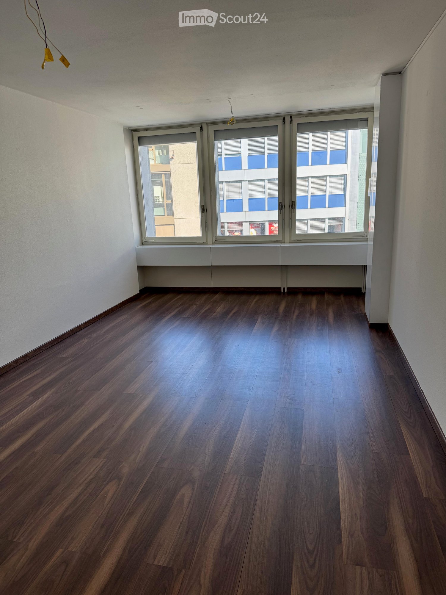 Empty room with wooden flooring, white walls, large windows, and radiator under the windows.