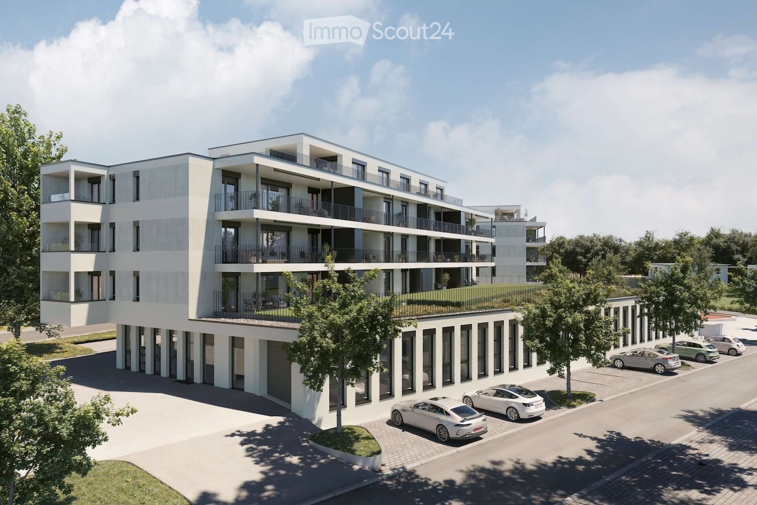 5 story residential building, balconies on multiple floors, green roofs, large windows, multiple parking areas