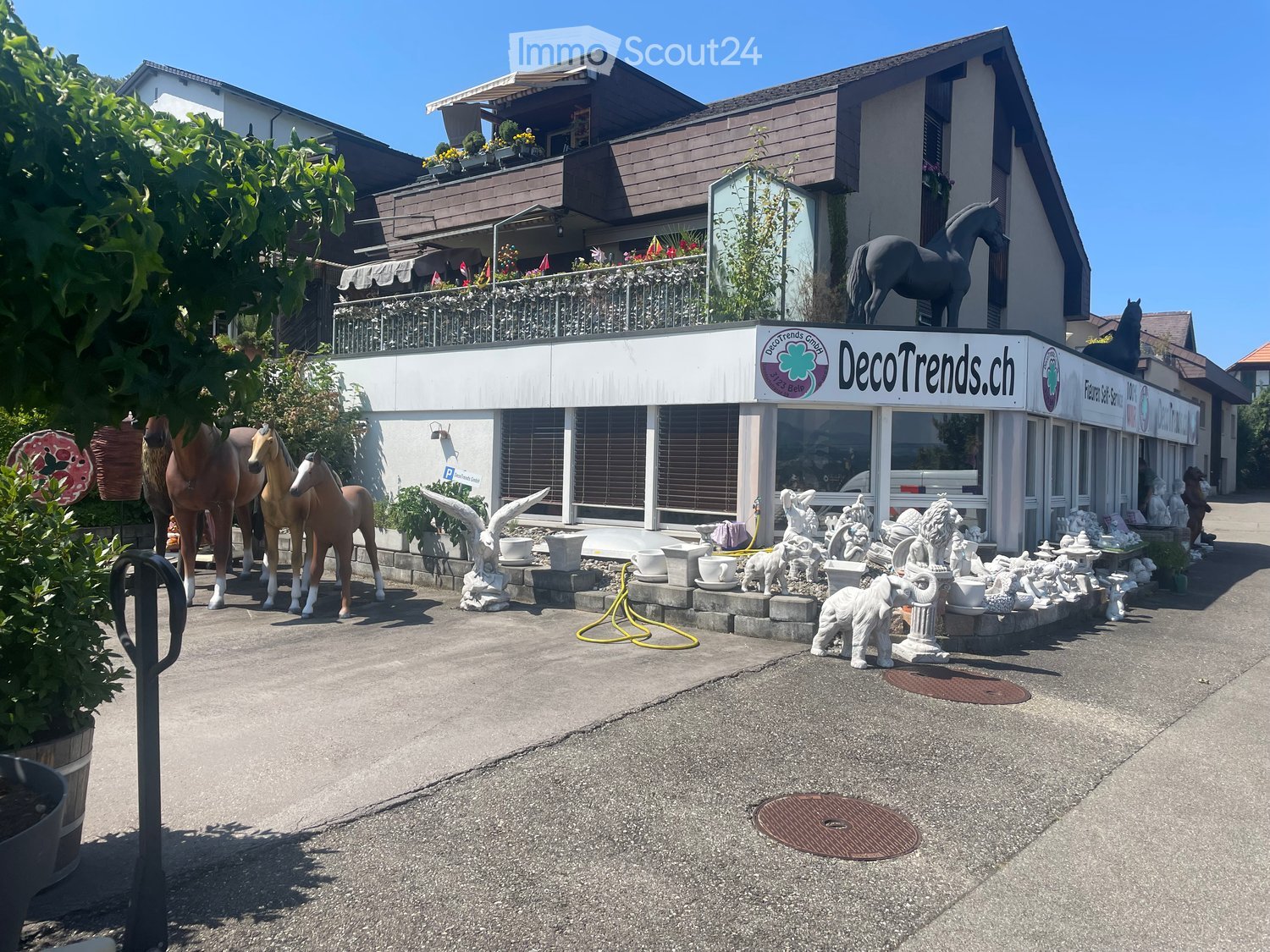 A decorative facade, statues of horses, a balcony with plants, and a storefront with sign reading DecoTrends.ch