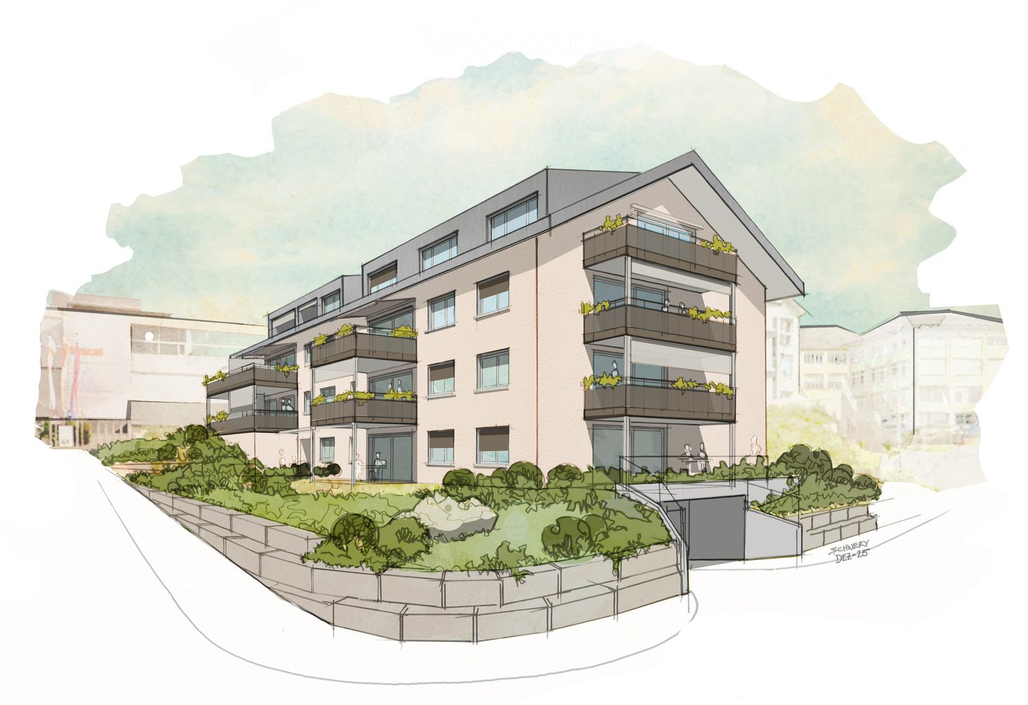 multiple story building, beige exterior, many windows, balconies on each floor, surrounding gardens