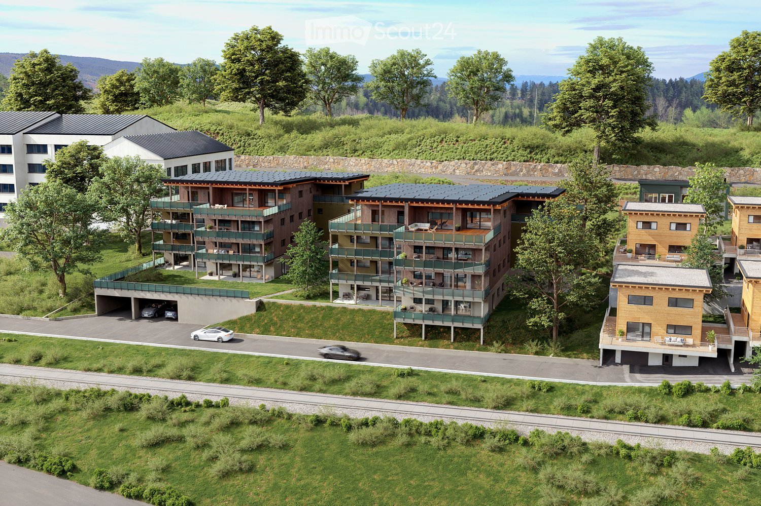residential buildings, underground parking, solar panels, multiple terraces, green surroundings