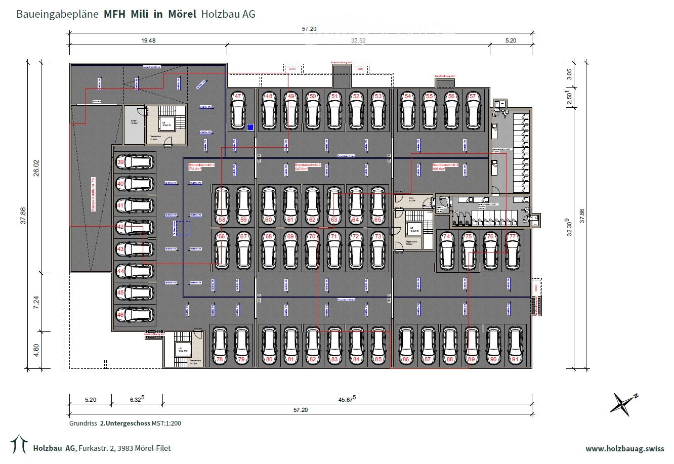 Parking space layout with numerous numbered parking spaces and designated entrance and exit points