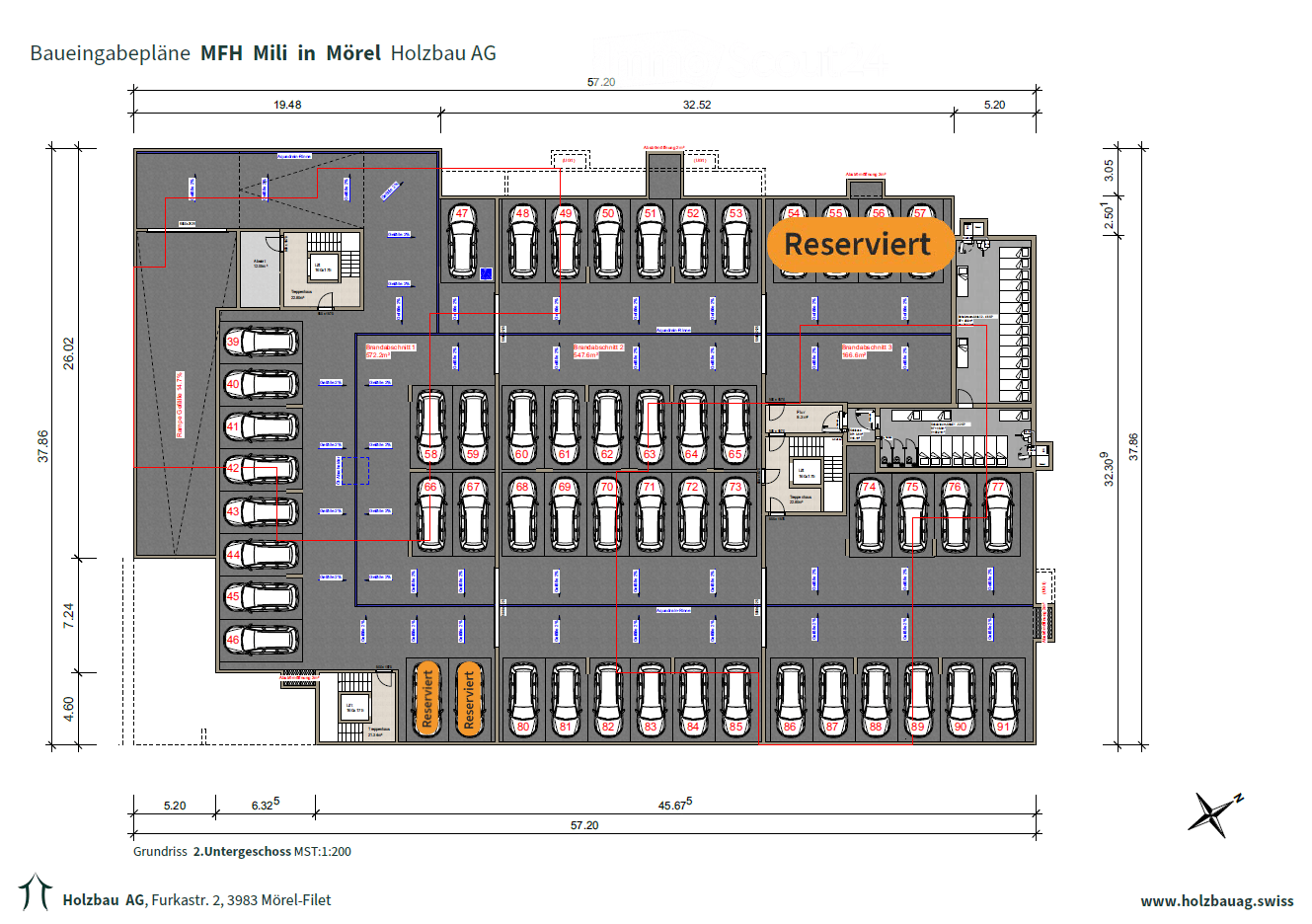 Floor plan of a multi-story parking area with numbered parking spaces, reserved sections, and access points.