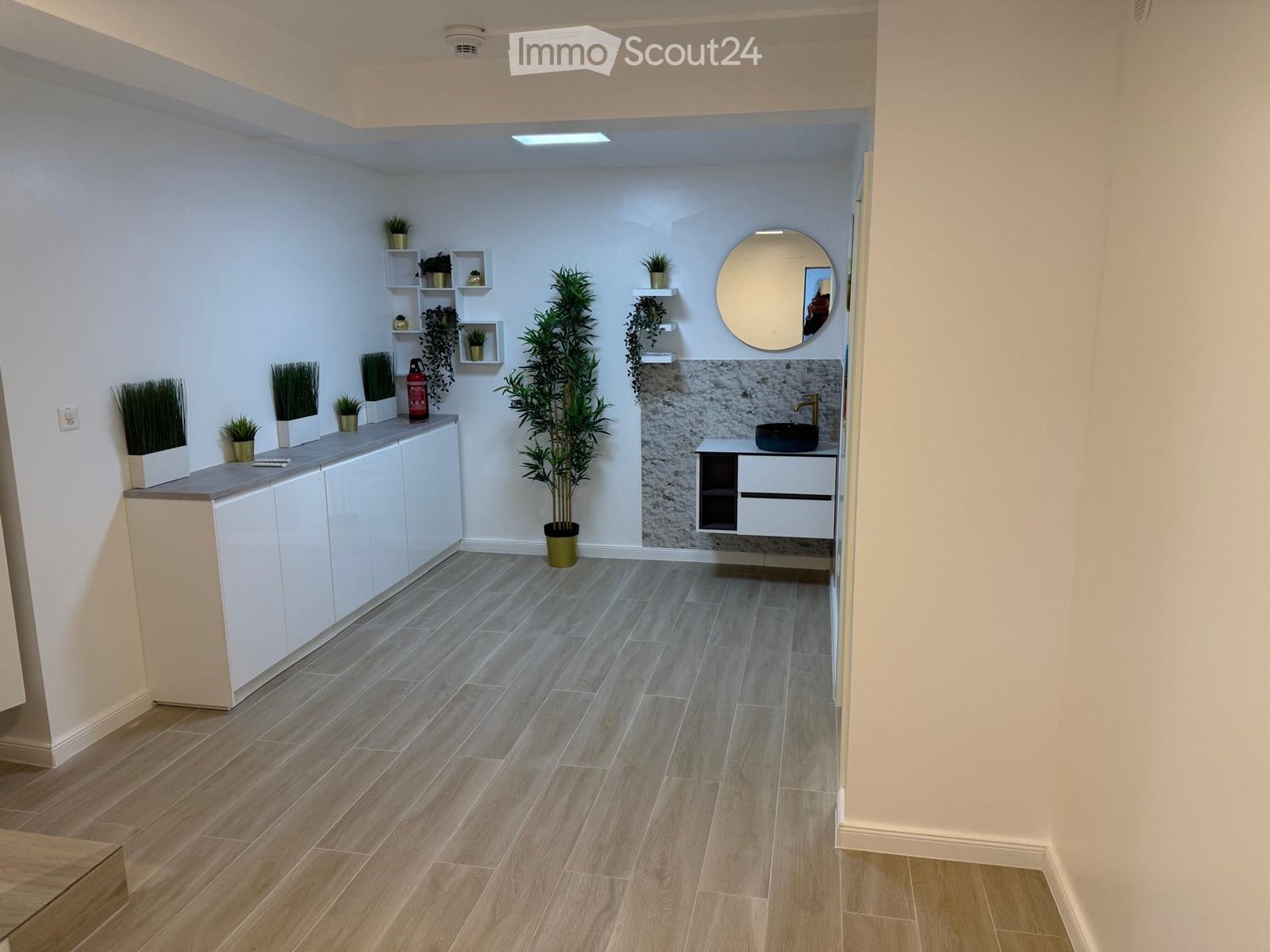 Empty room with white walls, wooden floor, and built-in white cabinets with plants, a mirror, and a sink on the right side.