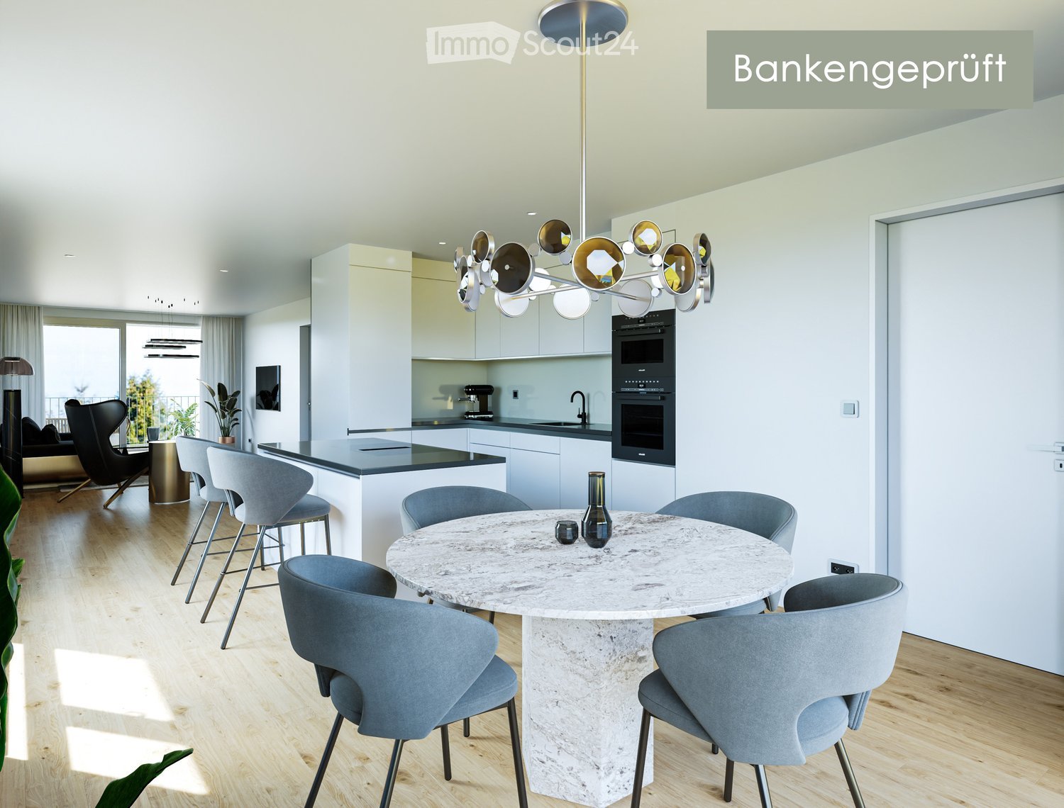 Marble table, round shape, modern chairs, central chandelier, white cabinets, black countertop, kitchen area with oven, modern furniture, wooden floor, windows with curtains