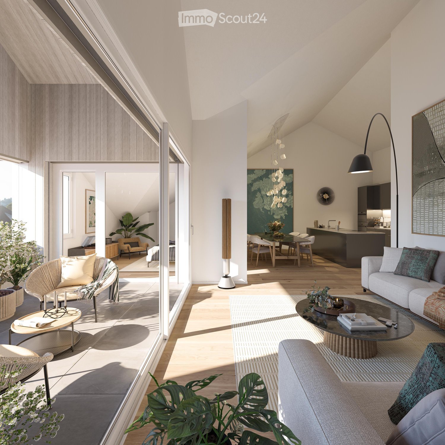 Modern open-concept living space with wooden flooring, large windows, and a dining area connected to the kitchen. Features a central glass partition and a stylish chandelier.