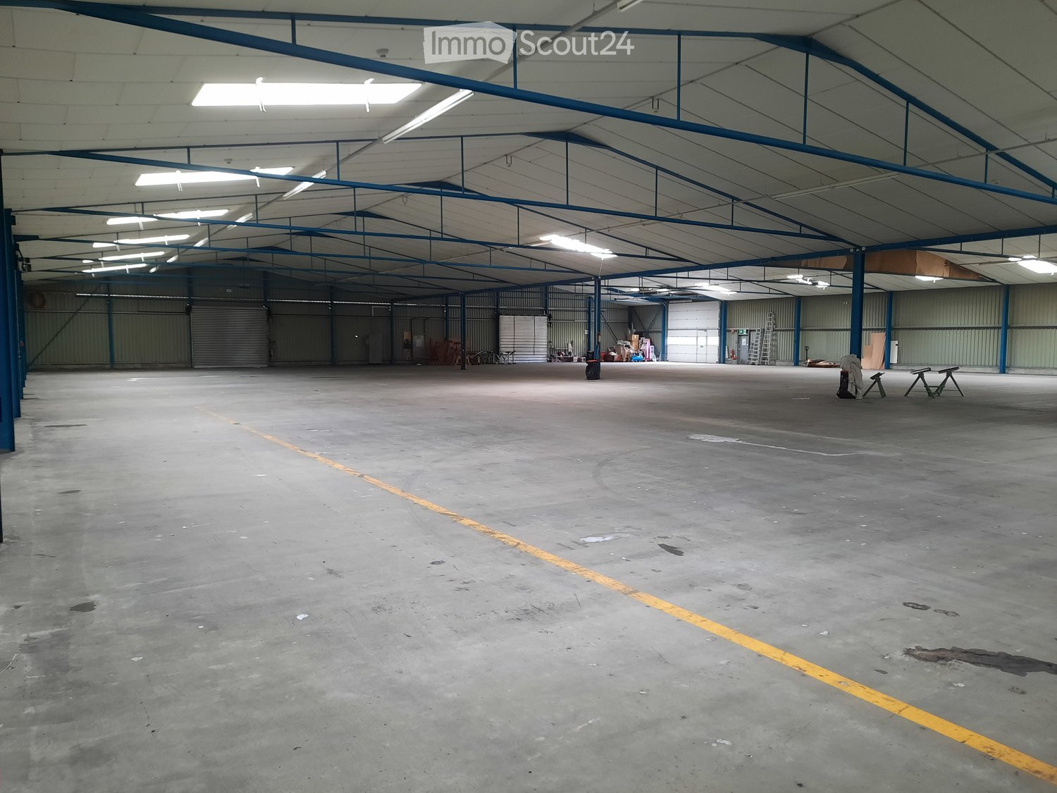 Warehouse: wide open space, high ceiling, metal beams, concrete floor, roller doors, yellow markings