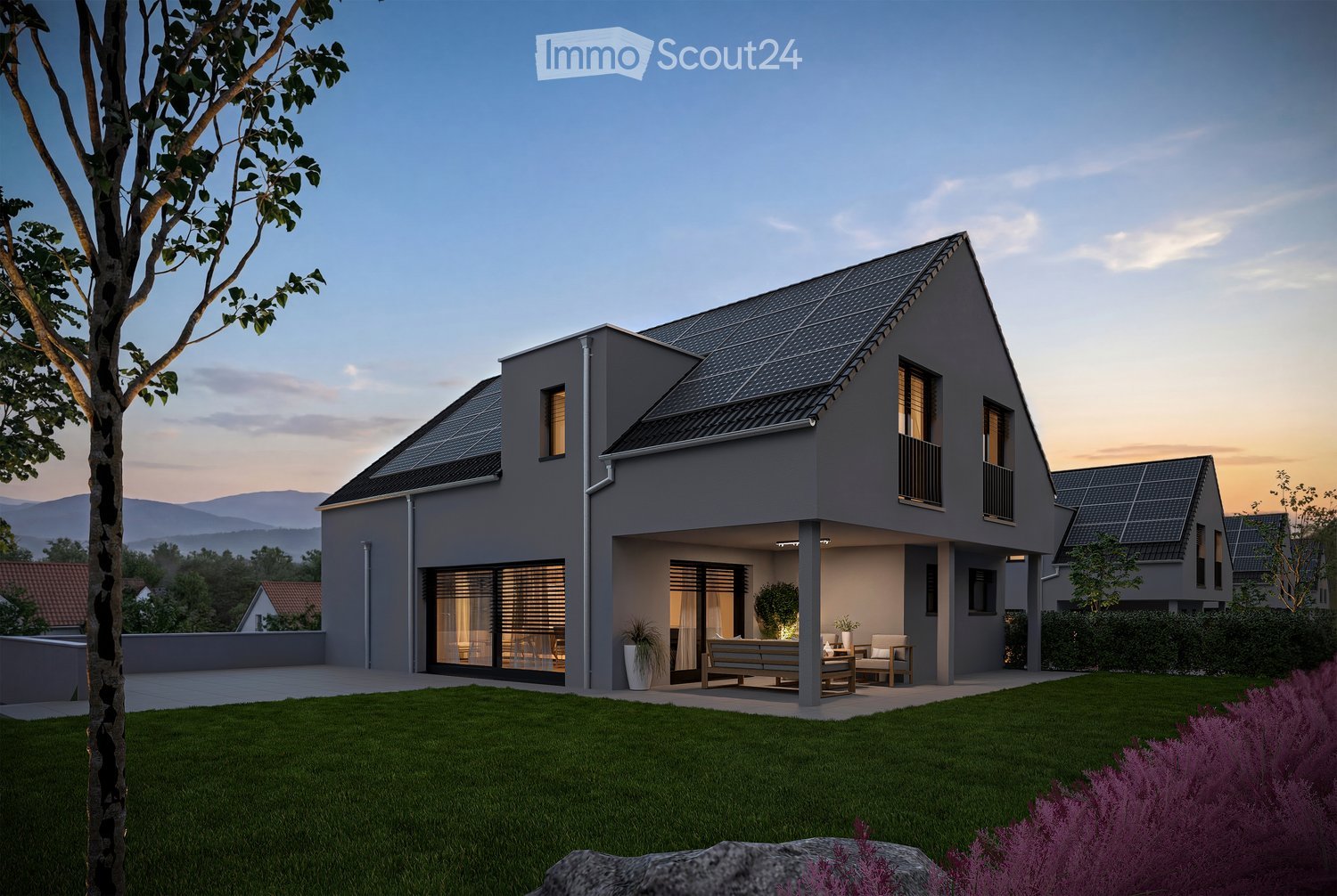 modern house, solar panels, large windows, terrace, garden, lawn, mountains in the background