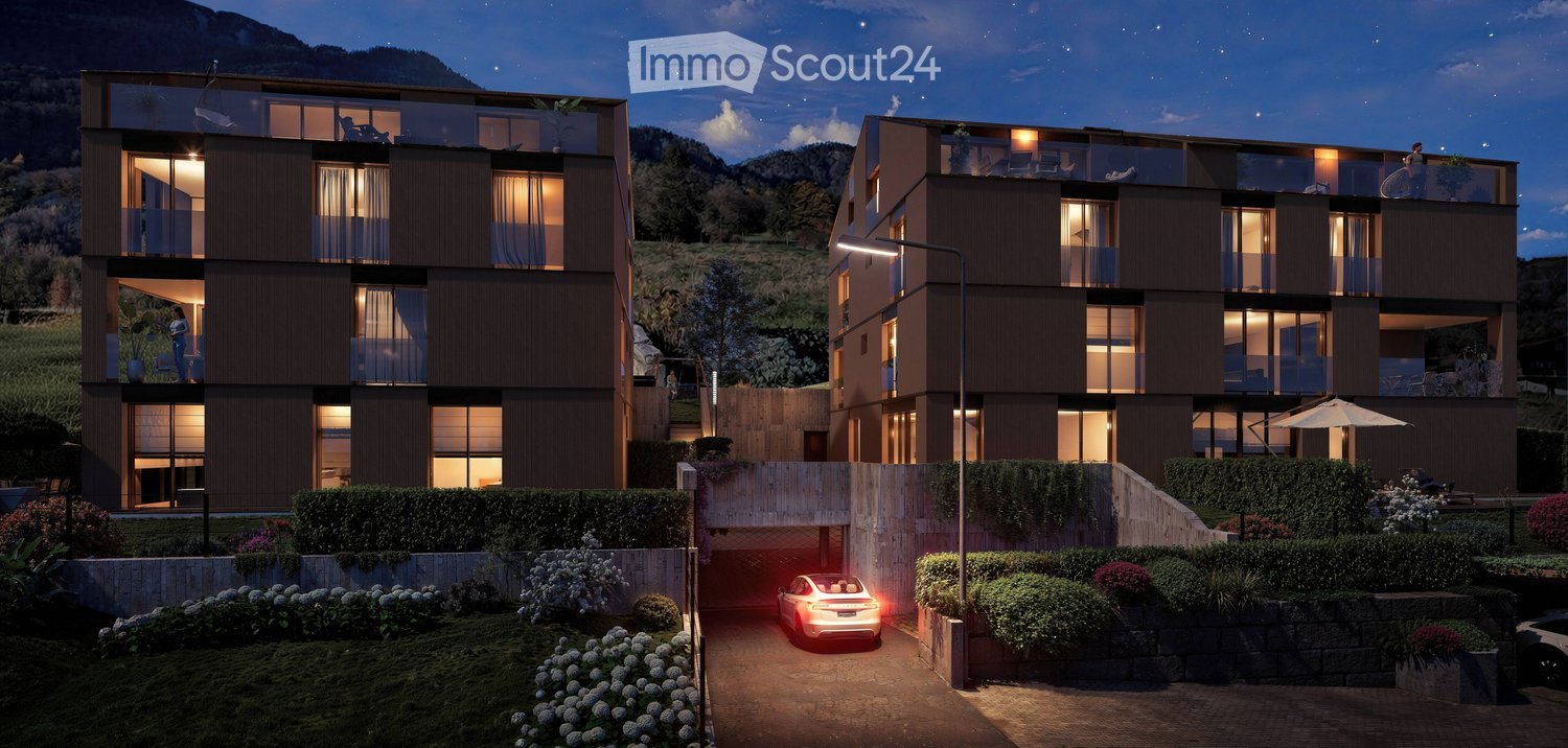 2 story house, brown exterior, multiple balconies, garage, garden, mountain view