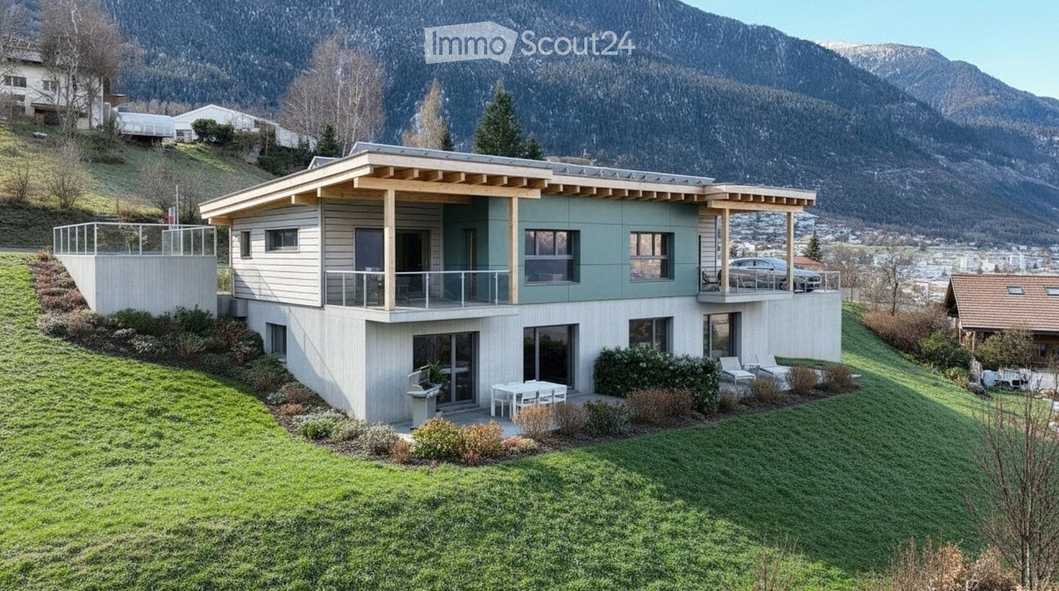 modern detached house with raised ground floor, 2 storeys, solar panels, balcony, panoramic view