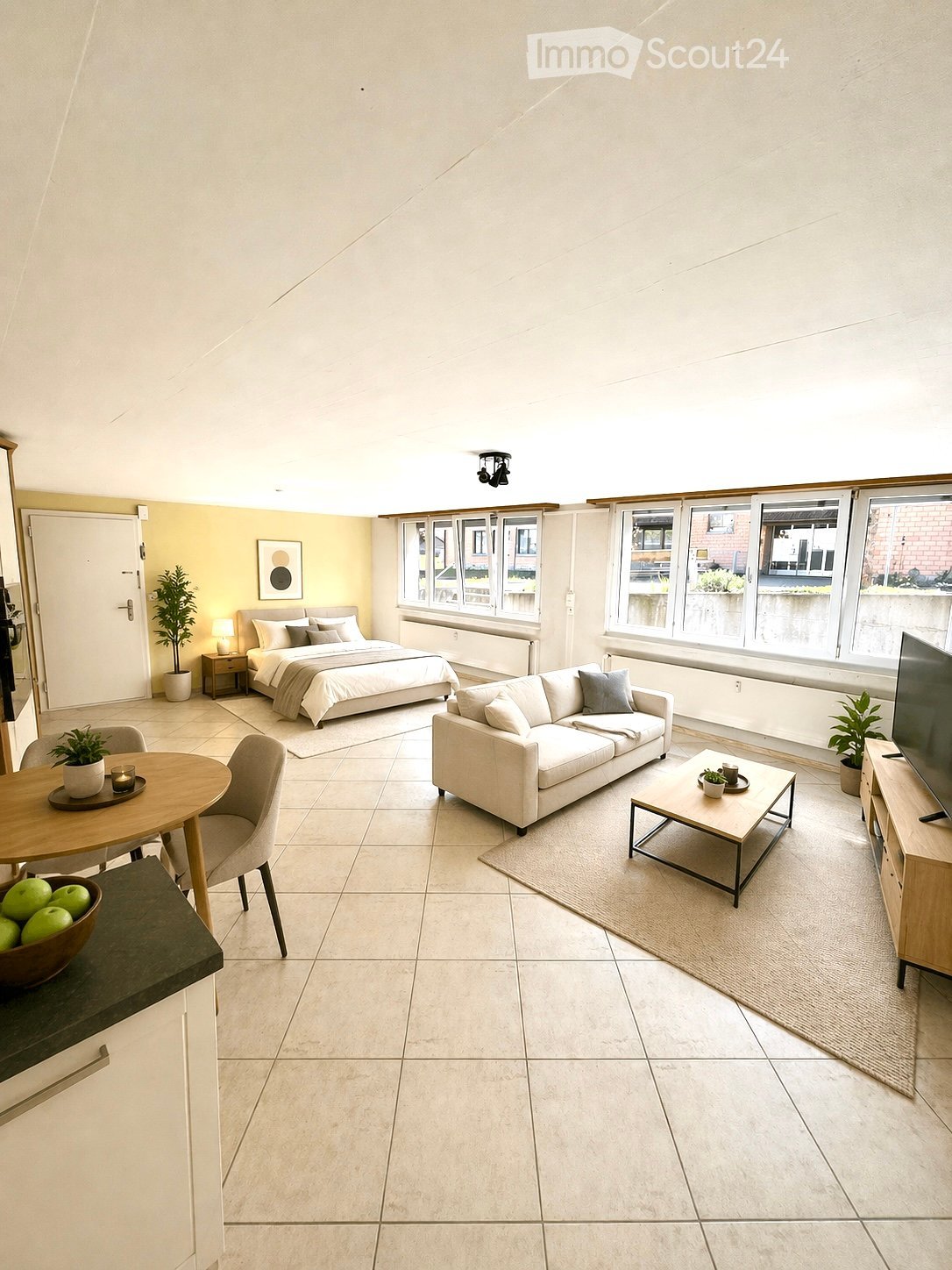 {"visible_features": [],    "type": "Room",    "description": "Open plan living room and bedroom, white walls, beige tiles, bed, couch, table, chairs, TV, plants, lamp, rug",    "localized_descriptions":        {        "EN": "Open plan living room a