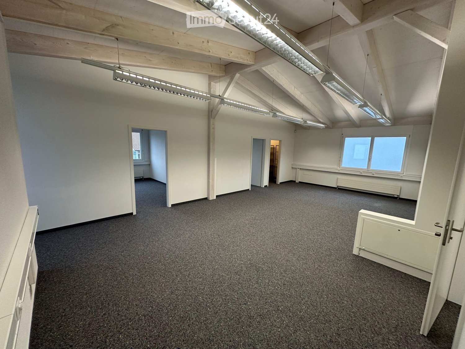 empty room, white walls, wooden ceiling beams, carpeted floor, windows, doors, radiators