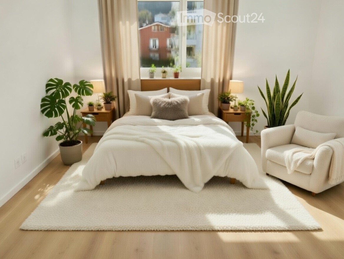 Bedroom with a bed, white rug, white walls, wooden floor, white chair, plants, window with curtains, nightstands with lamps and plants